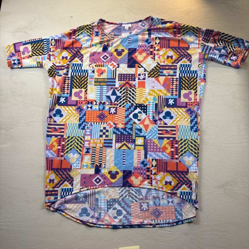 LuLaRoe Disney Irma Tunic Top Large Mickey Mouse Geometric Patchwork